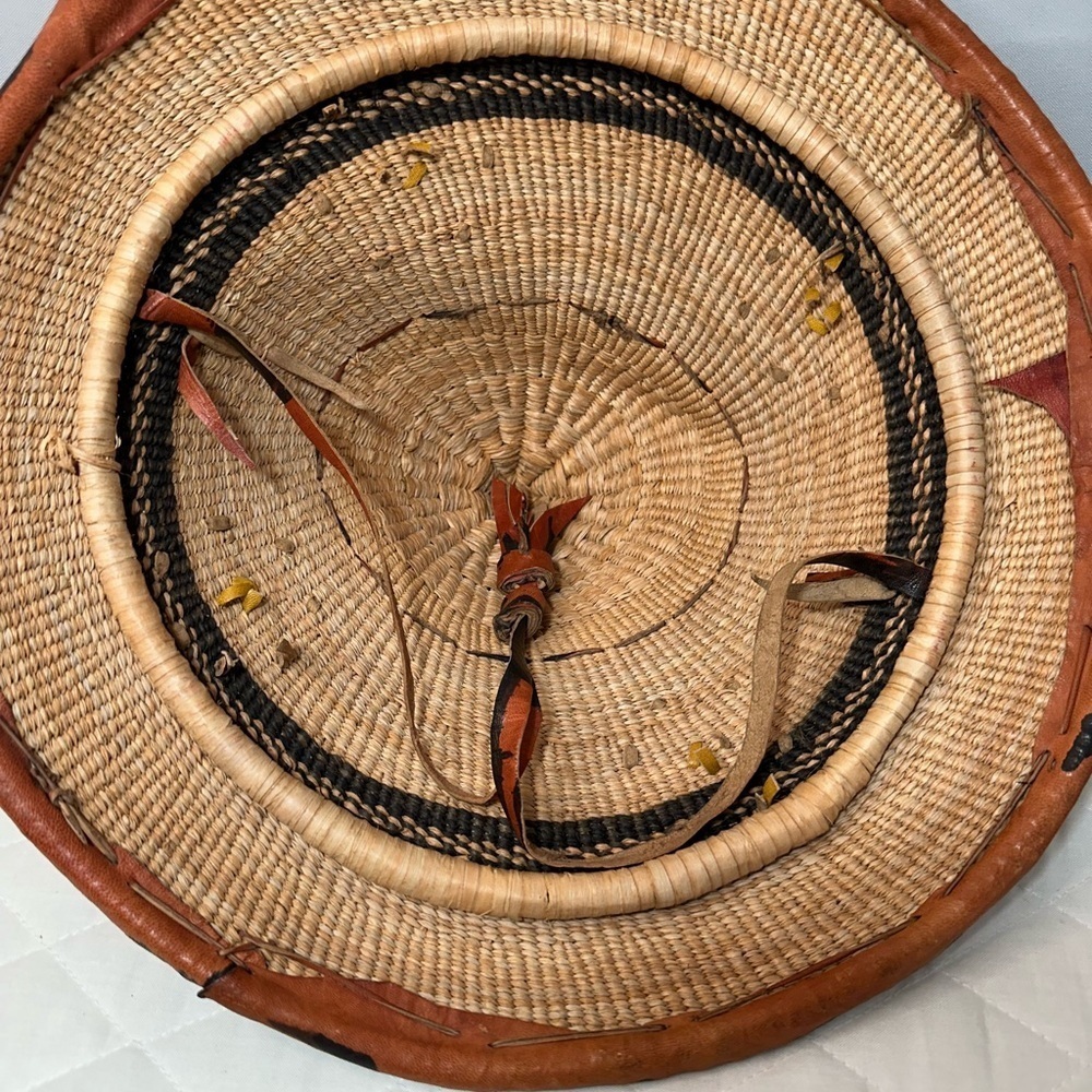 Vintage Handcrafted African Conical Fulani Woven Straw Hat Tribal Leather Trim - Picture 9 of 9